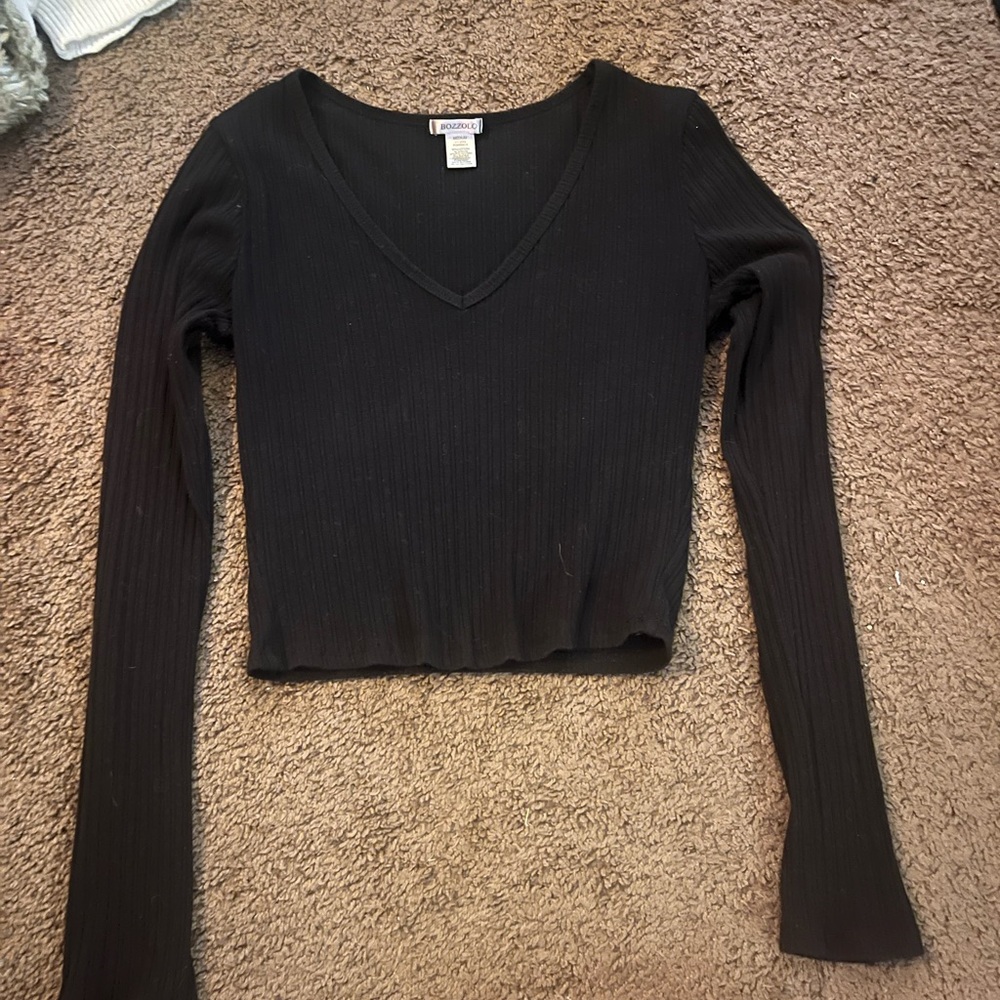 Bozzolo Black Ribbed V-Neck Long Sleeve Blouse